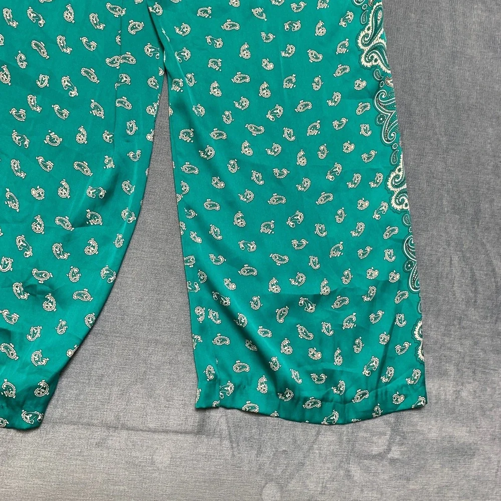 Michael Kors Wide Leg Pants Womens 14 Teal Paisley Drawstring Elastic Waist
